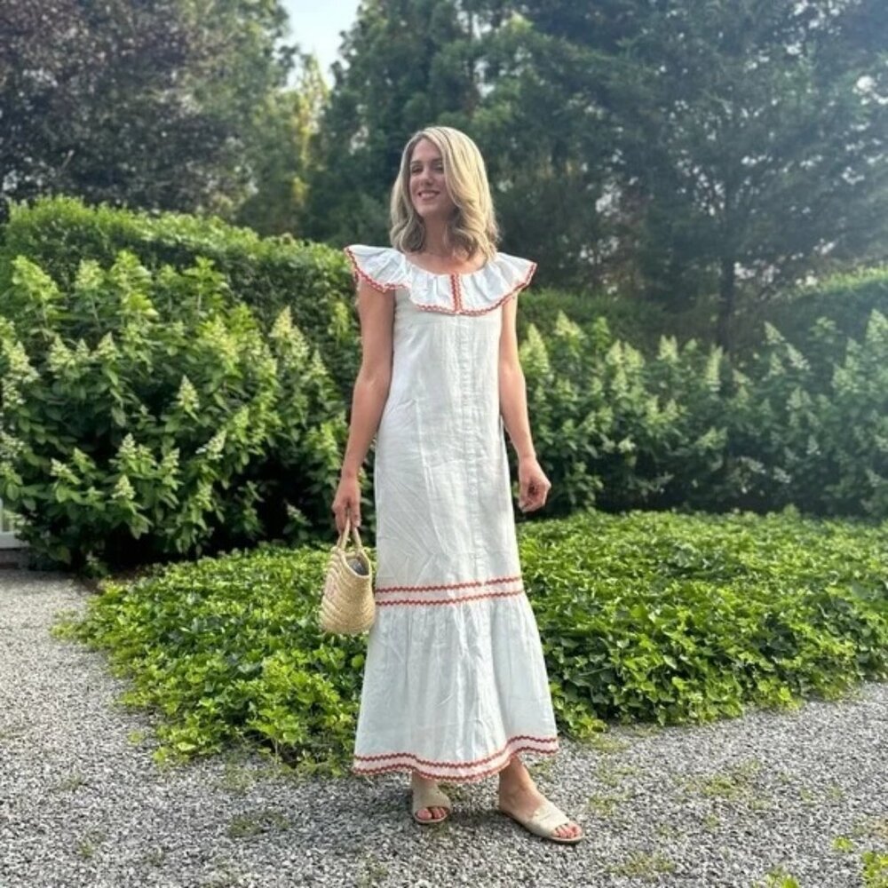 Masons Daughter Blue Orange Ric Rac Trim Linen Belted Dress Medium Womens NEW